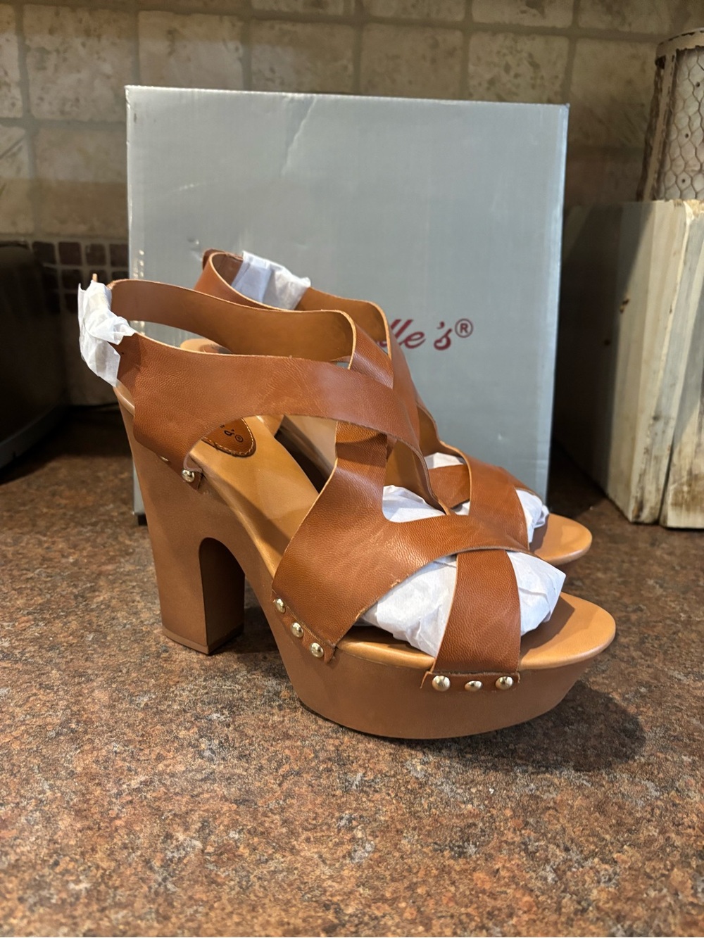 Breckelles Cognac Brown Crisscross Platform Heels